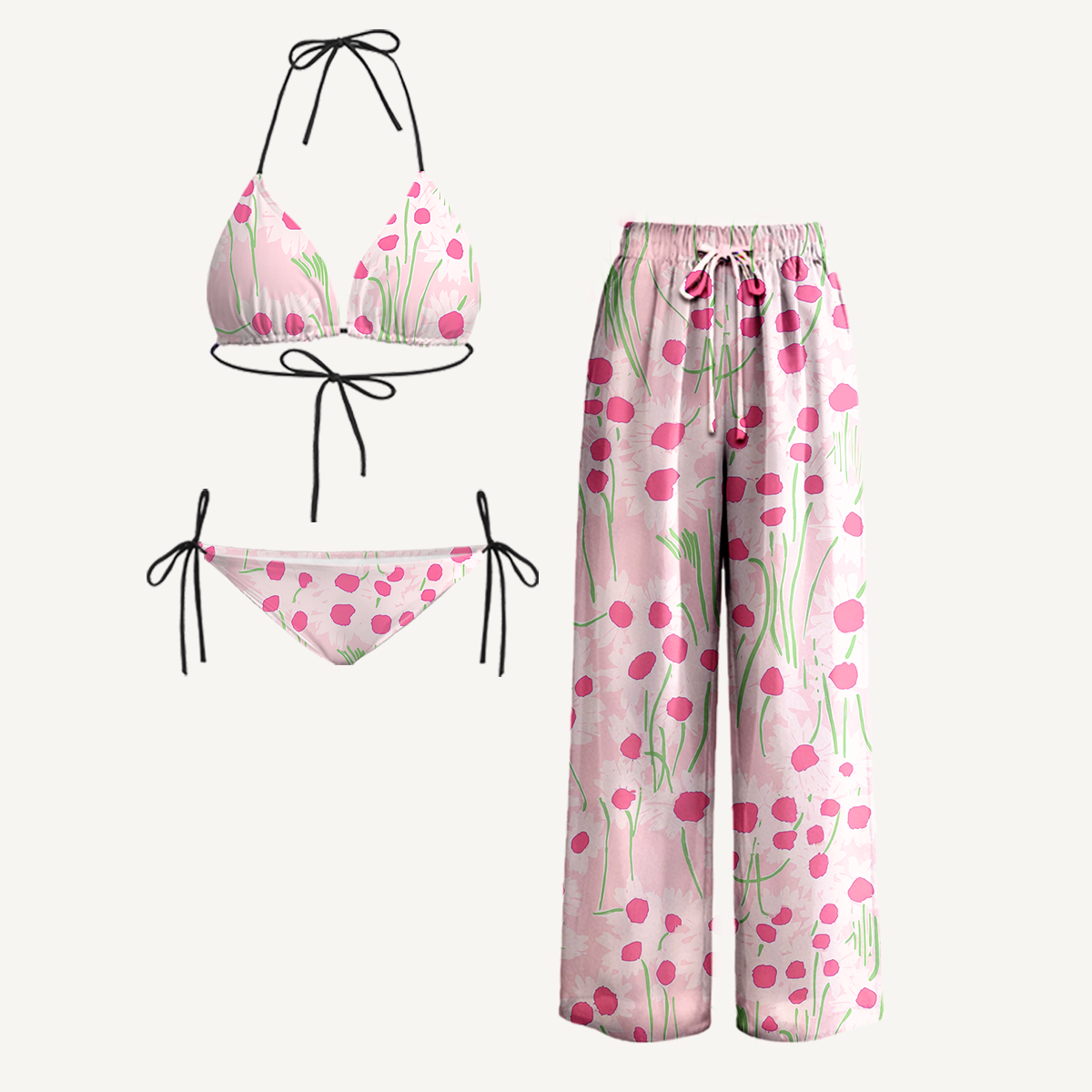 Pink Daisy Tie Side Bikini Set with Matching Pants