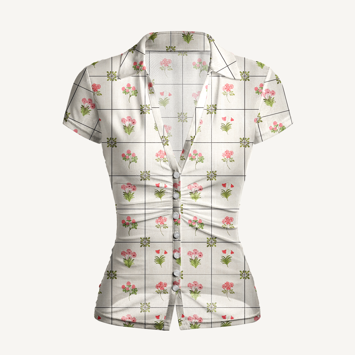 V-Neck Short Sleeve Meadow Tile Bloom Print Mesh Top