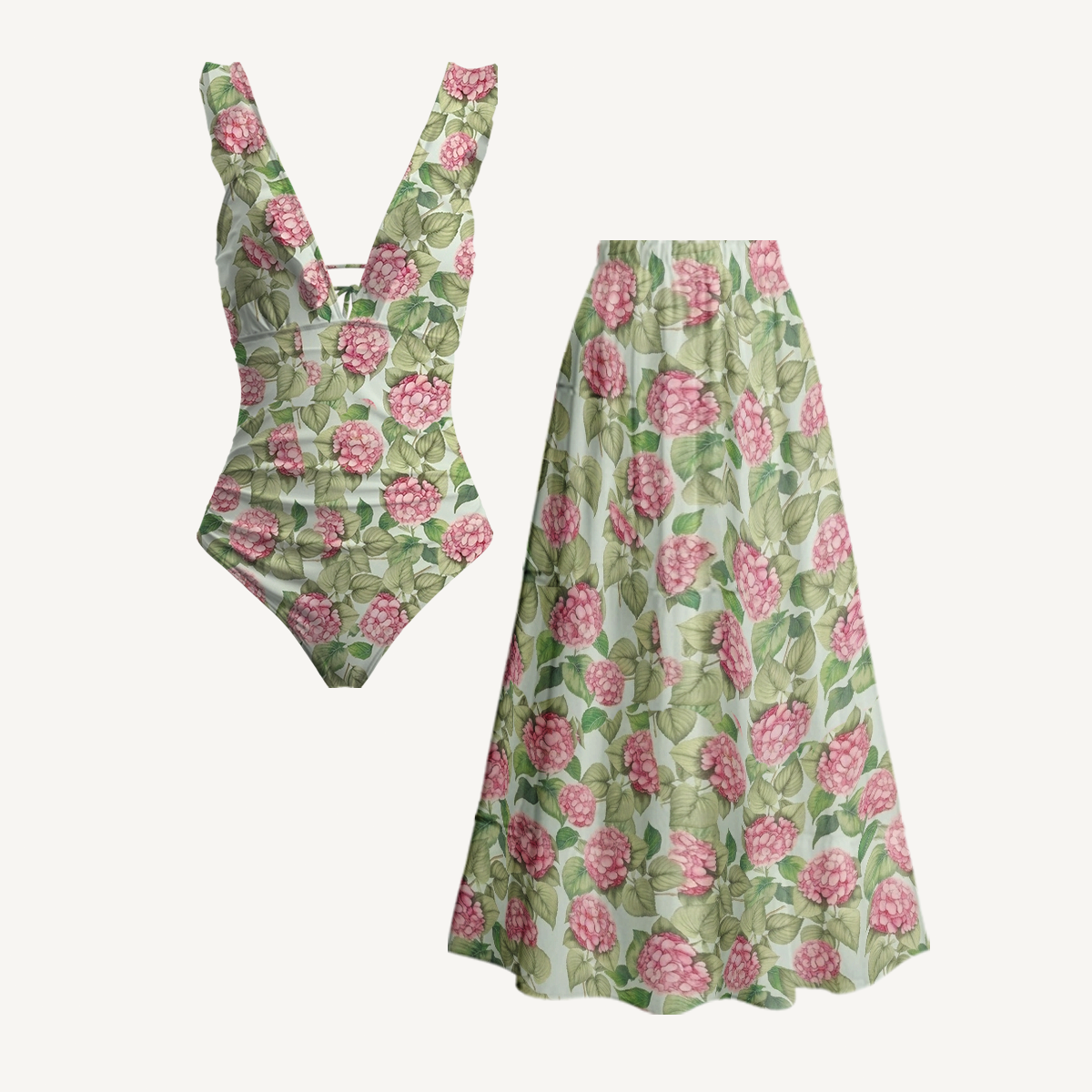 Hydrangea Whisper Ruffled V Neck One Piece Swimsuit and Matching Midi Skirt Set