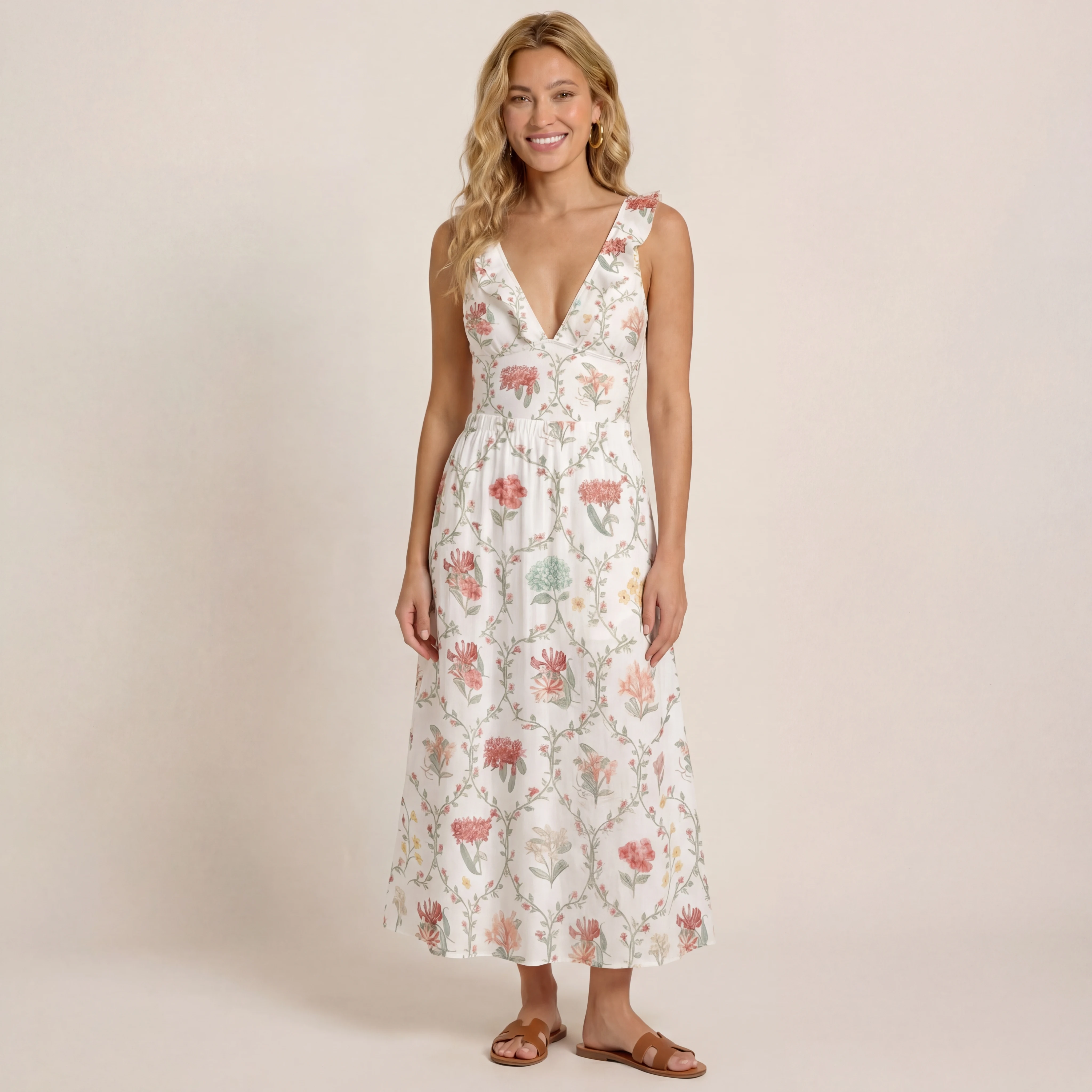 Coral Vine Ruffled V Neck One Piece Swimsuit and Matching Midi Skirt Set