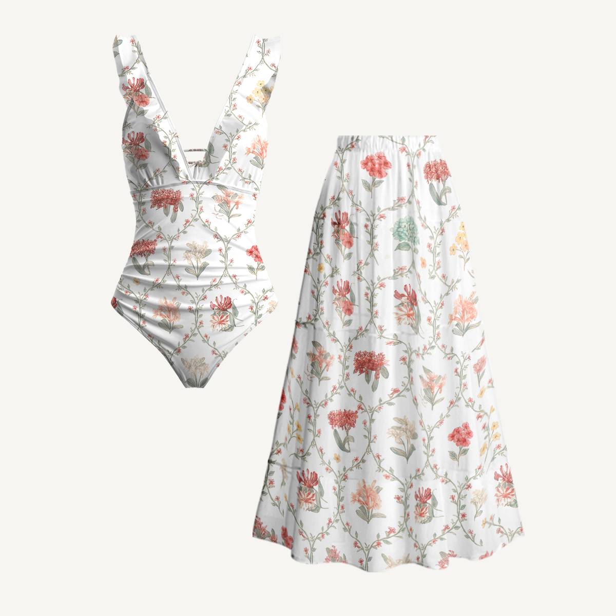 Coral Vine Ruffled V Neck One Piece Swimsuit and Matching Midi Skirt Set
