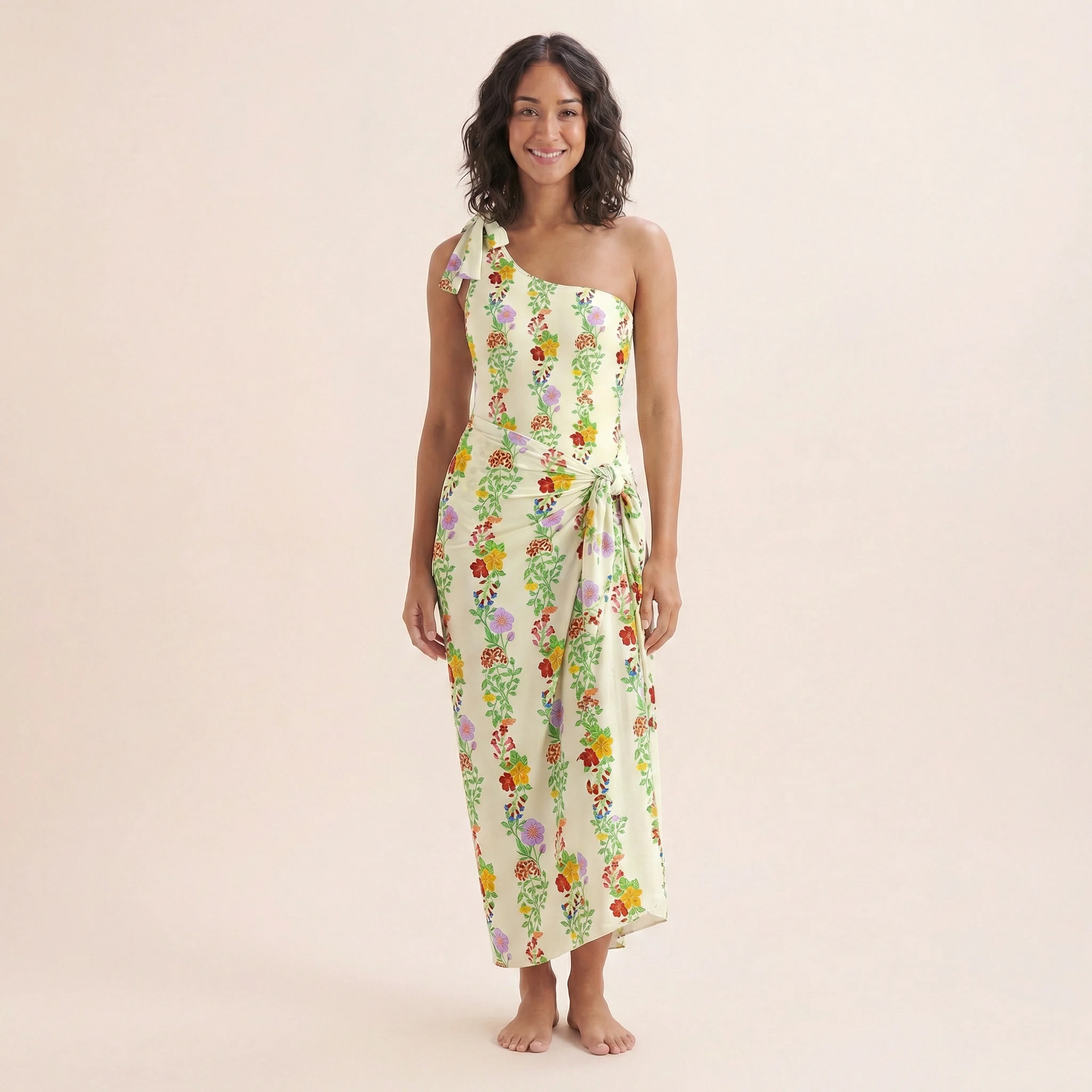 Blossom Trail One Shoulder One Piece Swimsuit and Matching Sarong Set for Women
