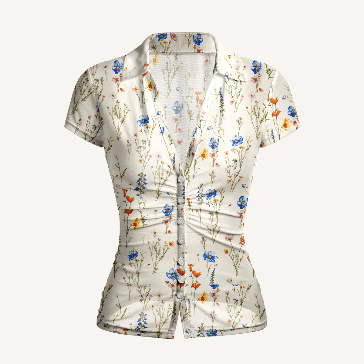 V-Neck Short Sleeve Wild Bloom Print Mesh Top
