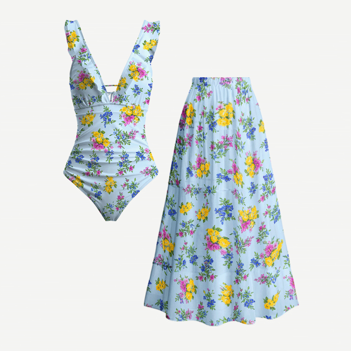 Blue Meadow Ruffled V Neck One Piece Swimsuit and Matching Midi Skirt Set
