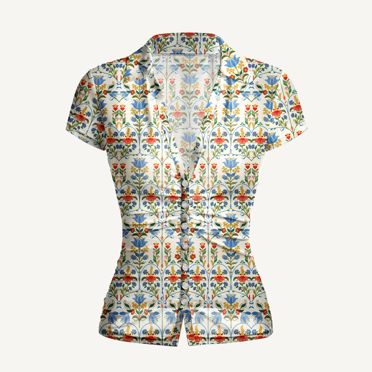 V-Neck Short Sleeve Folk Bloom Print Mesh Top