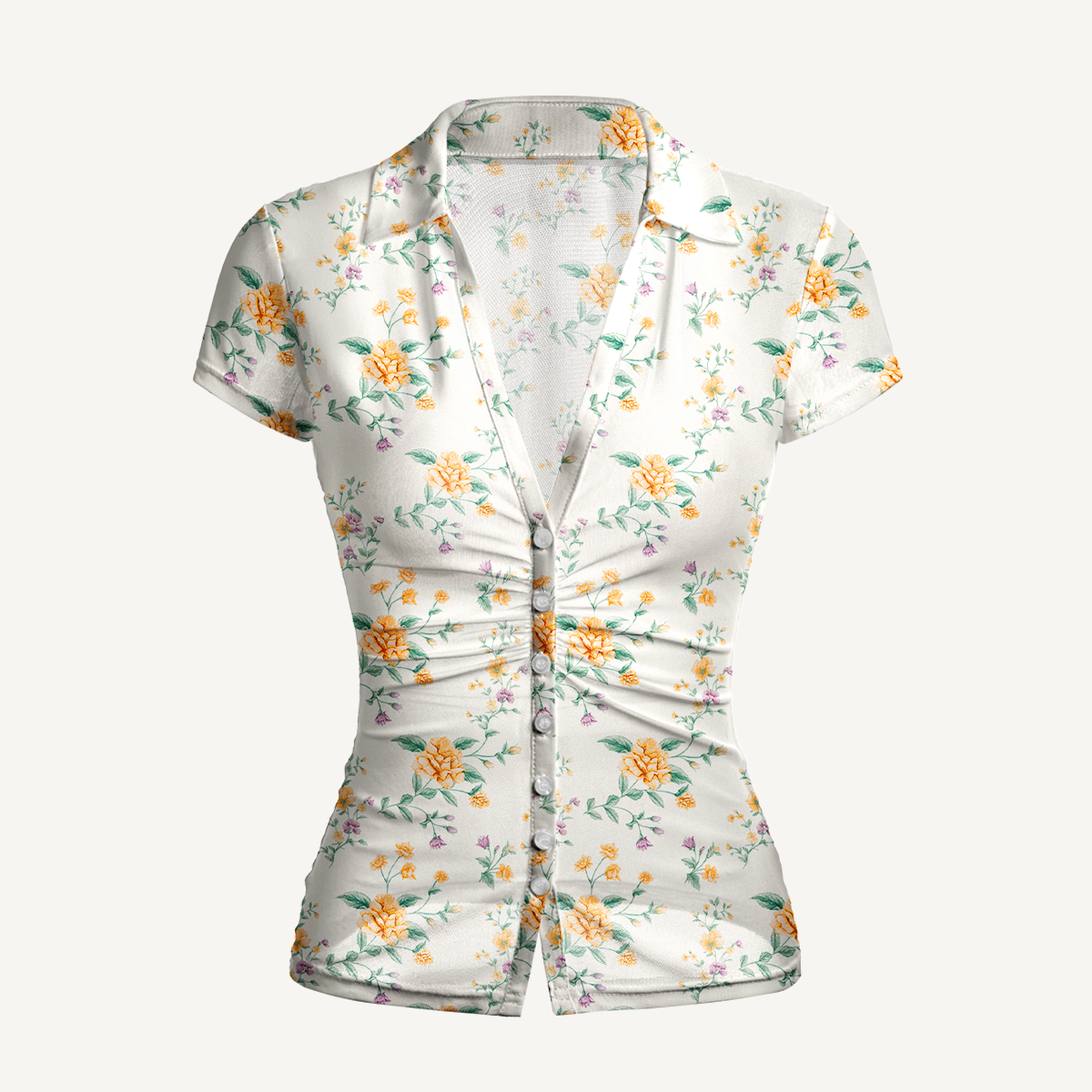 V-Neck Short Sleeve Amber Rose Print Mesh Top