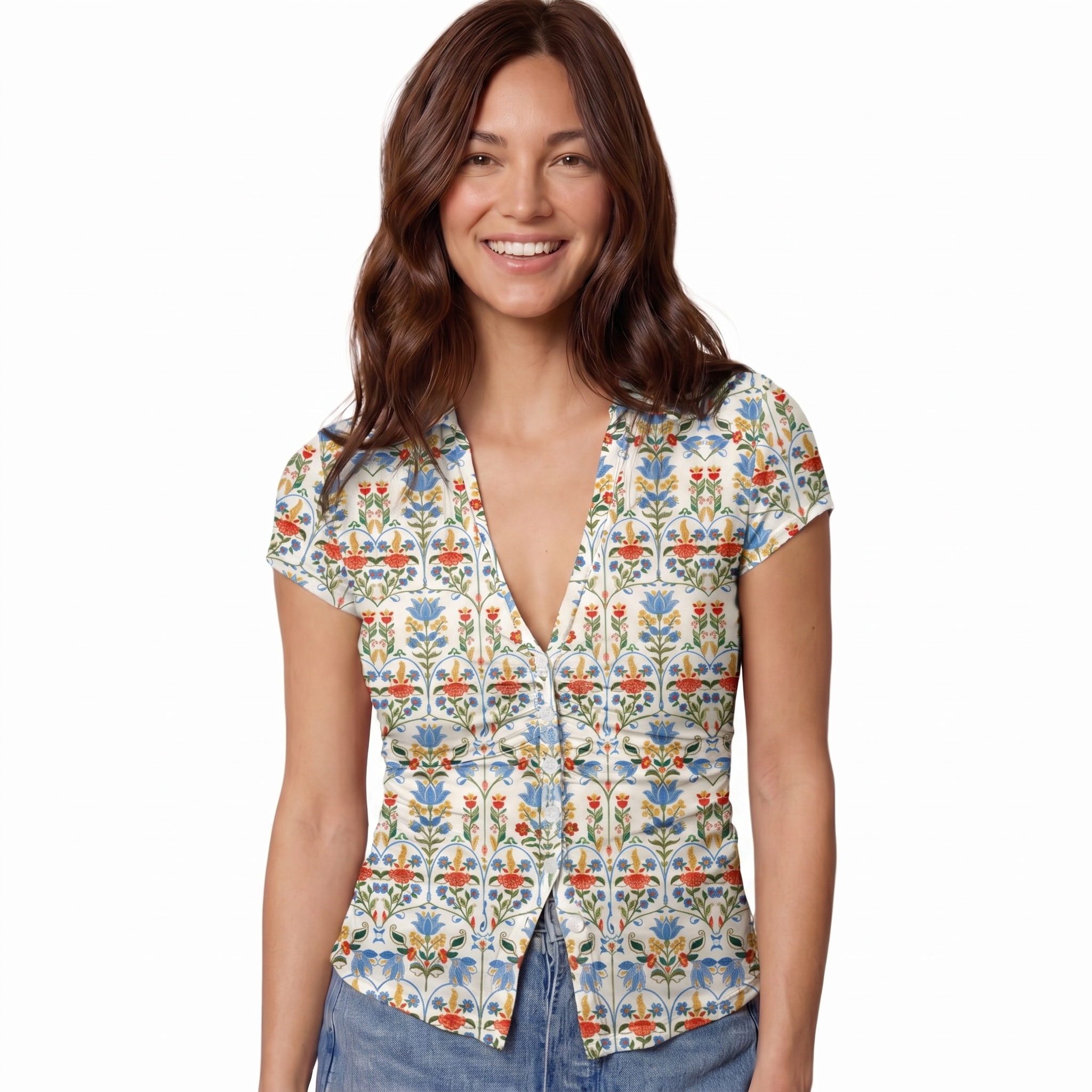 V-Neck Short Sleeve Folk Bloom Print Mesh Top