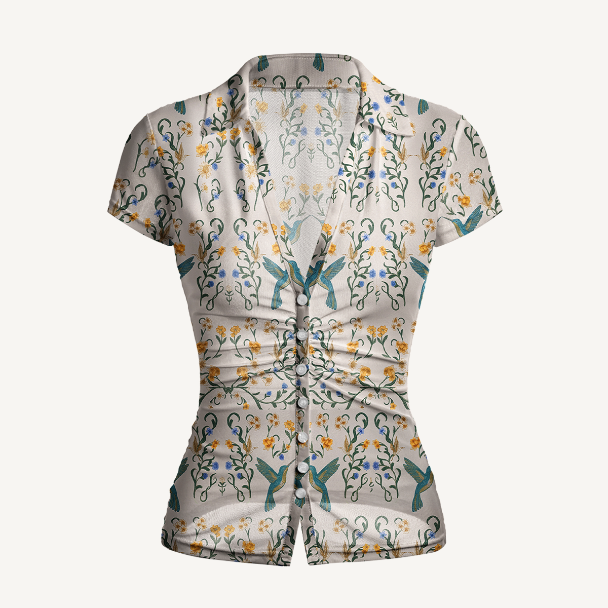 V-Neck Short Sleeve Whispering Hummingbird Print Mesh Top