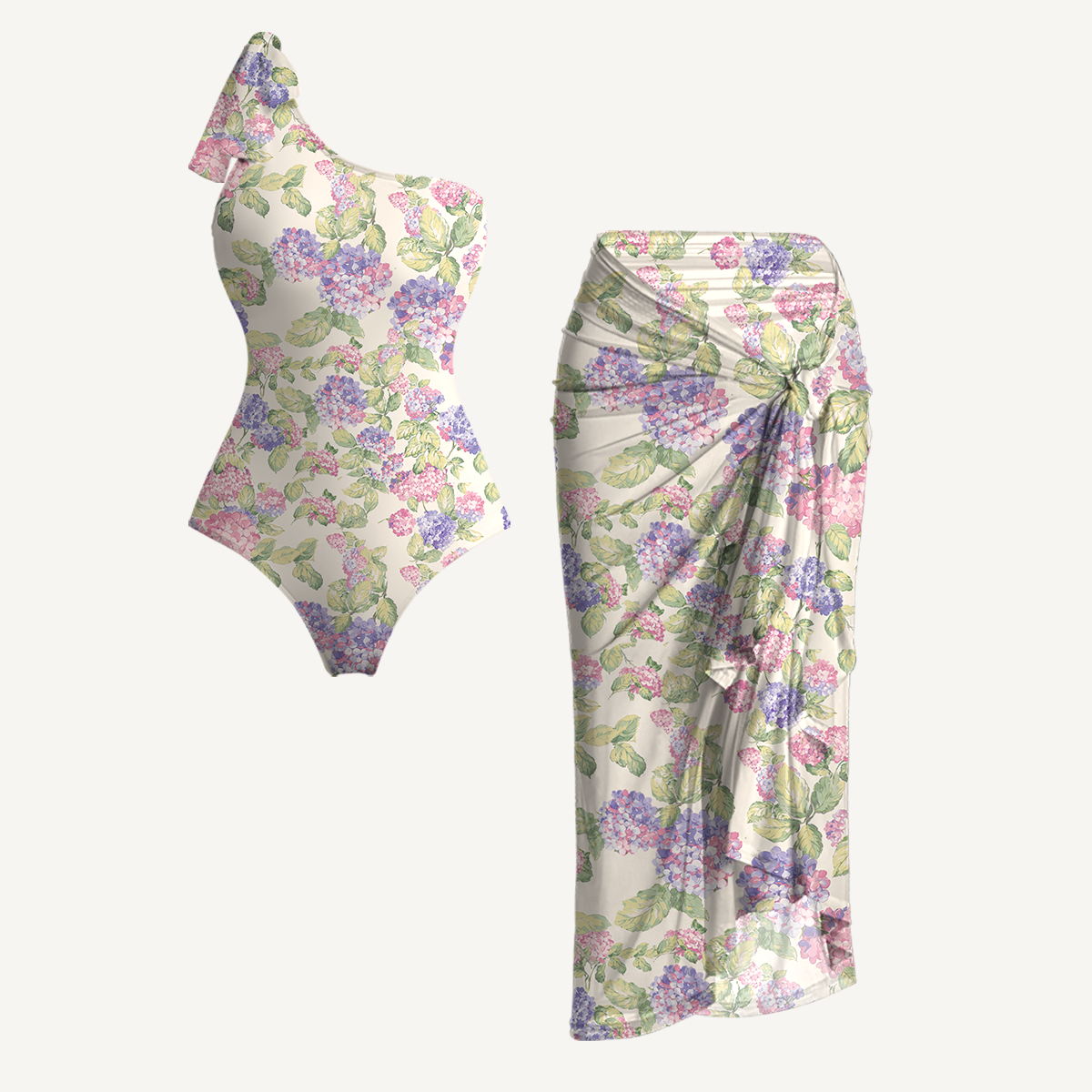 Lilac Hydrangea One Shoulder One Piece Swimsuit and Matching Sarong Set for Women