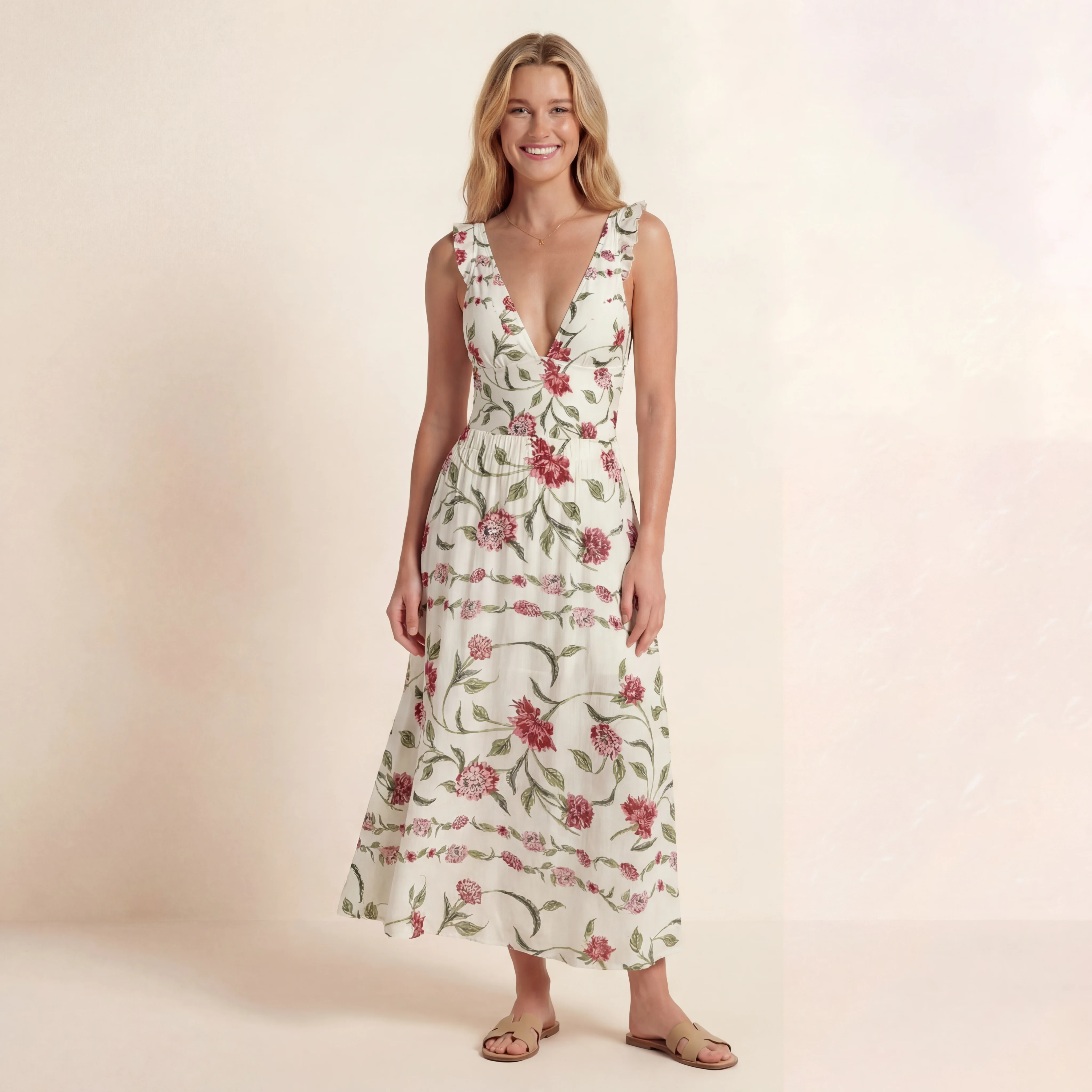 Red Floral Ruffled V Neck One Piece Swimsuit and Matching Midi Skirt Set