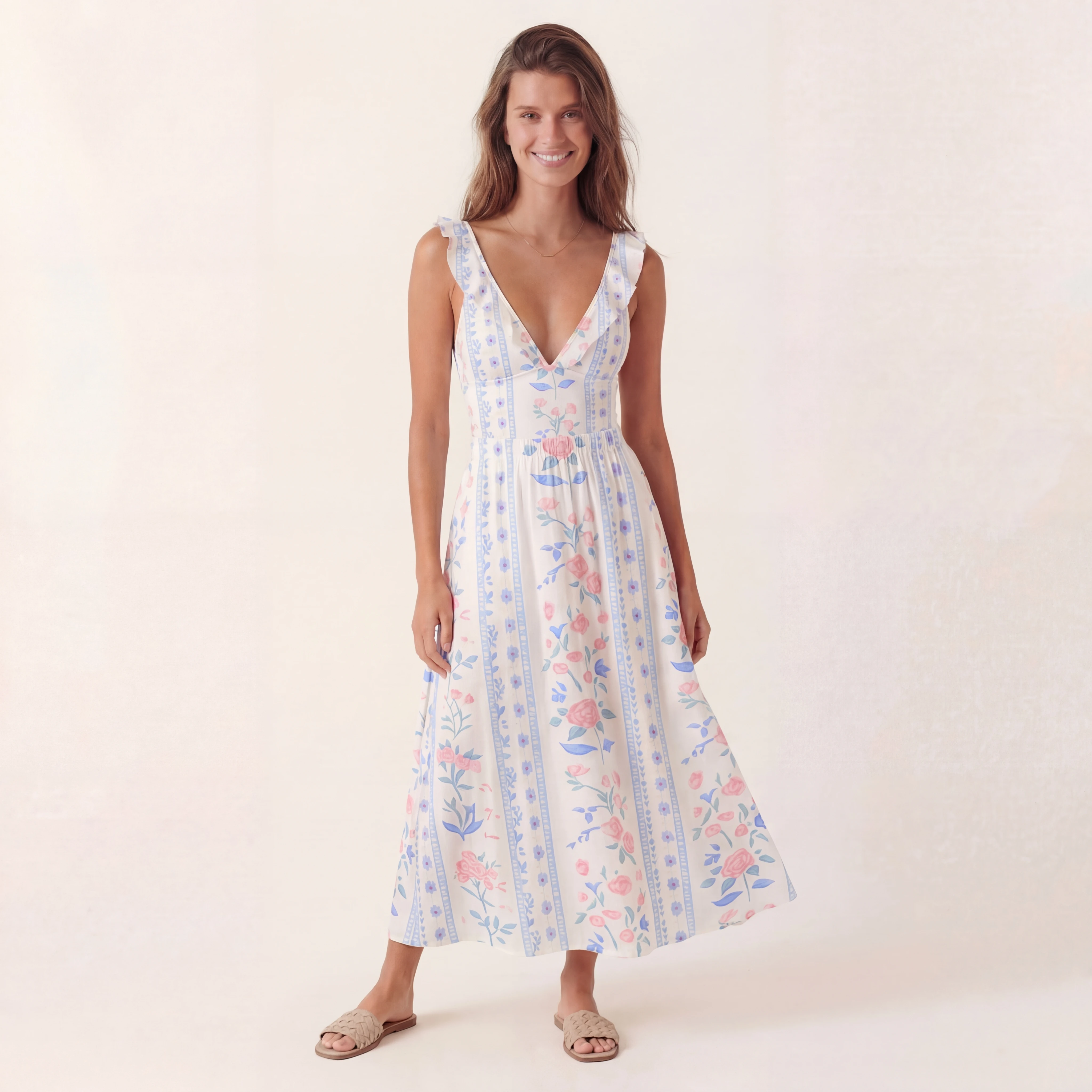 Blue Rose Ruffled V Neck One Piece Swimsuit and Matching Midi Skirt Set