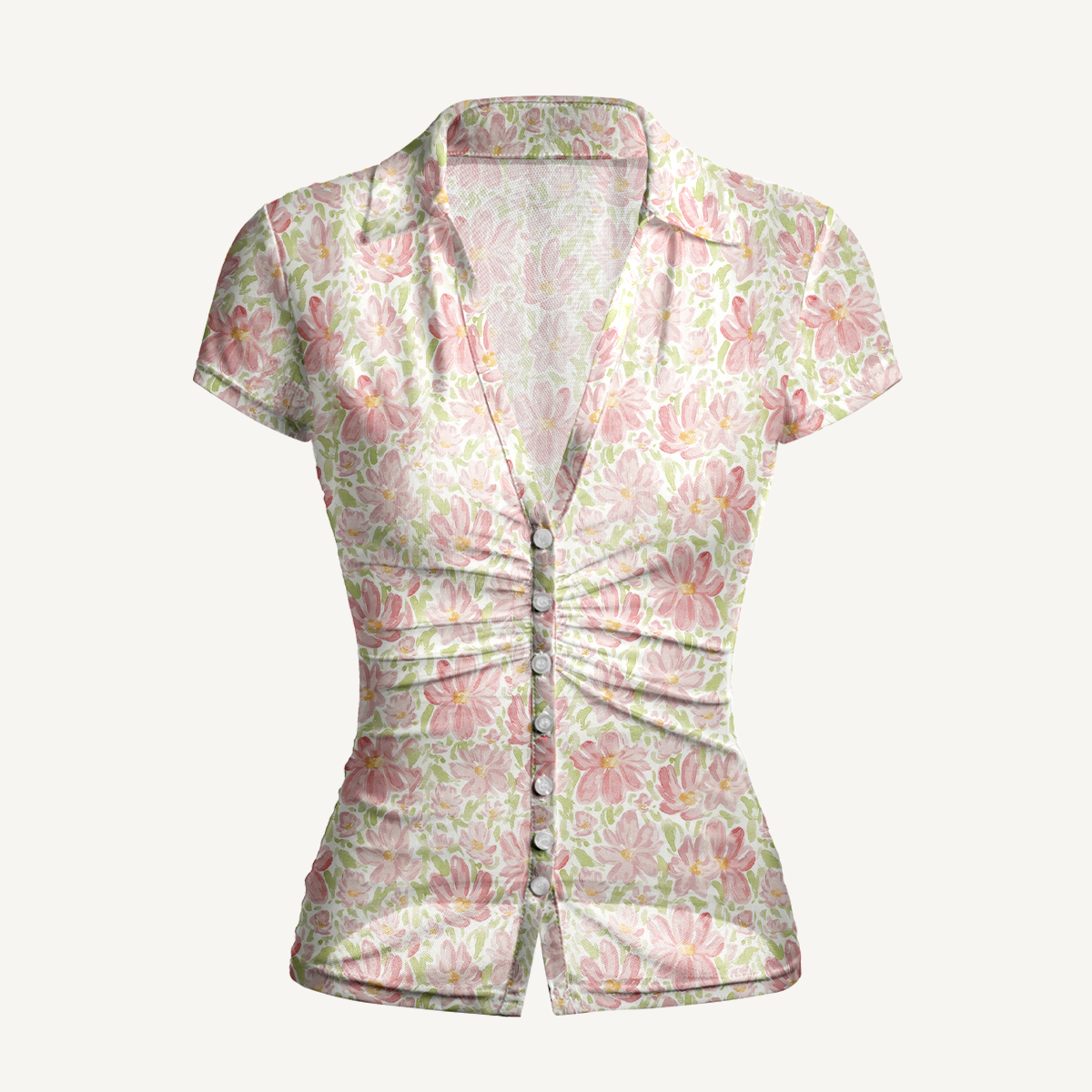 V-Neck Short Sleeve Cosmos Flower Print Mesh Top