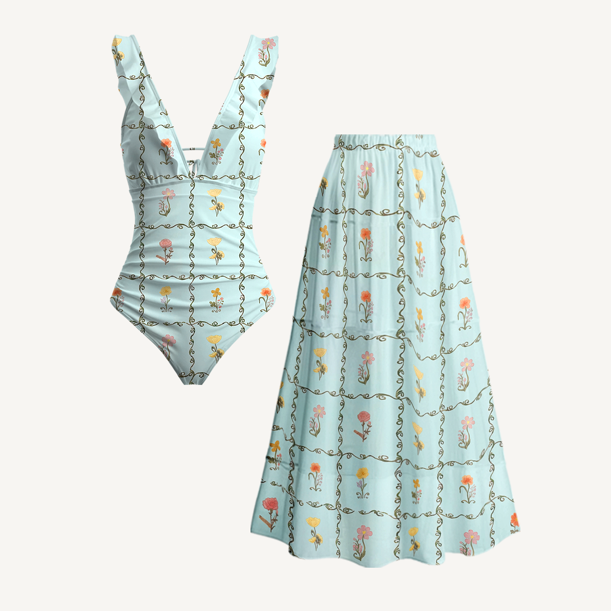 Sunny Garden Tiles Ruffled V Neck One Piece Swimsuit and Matching Midi Skirt Set