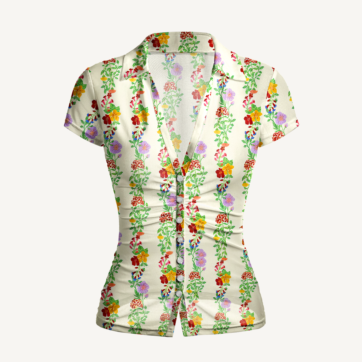 V-Neck Short Sleeve Blossom Trail Print Mesh Top