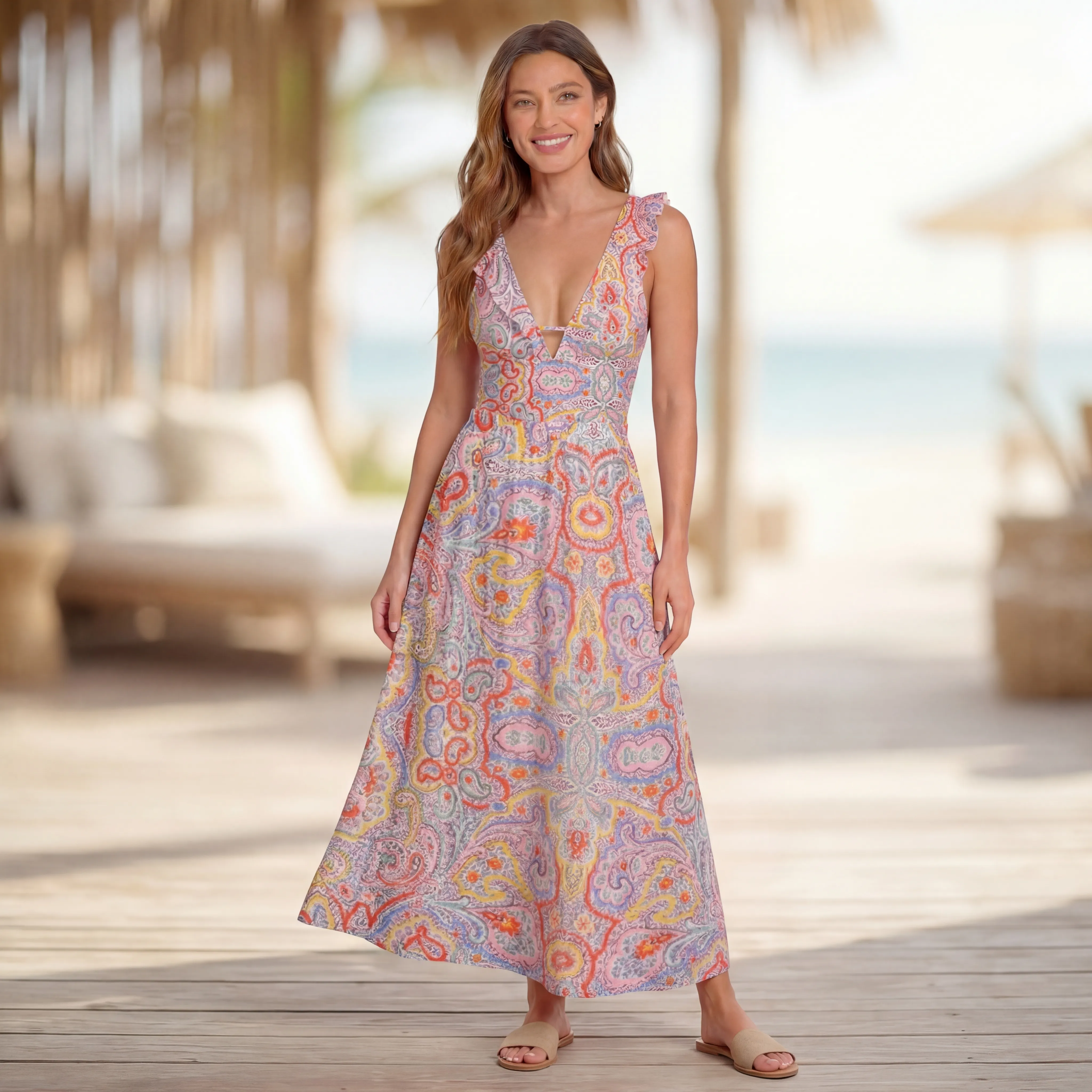Sunrise Paisley Ruffled V Neck One Piece Swimsuit and Matching Midi Skirt Set